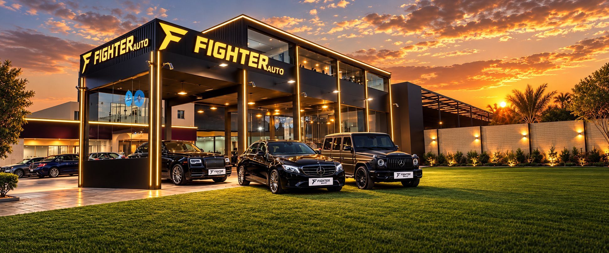Fighter Auto showroom at sunset